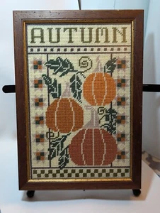 Vintage Completed Needlepoint Large Wood Framed Autumn Pumpkins 20" X 14" - Picture 1 of 15