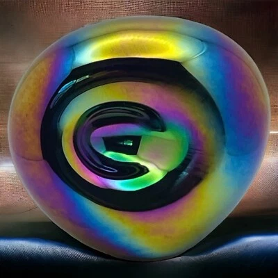 Firmado Eickholt 1992 azul aureno iridiscente enorme 4” vidrio magnum pisapapeles" Foto 1 de 4