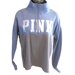 Victoria's Secret PINK Blue & Grey w/ Silver Metallic Logo Varsity Half Zip M - Picture 1 of 2