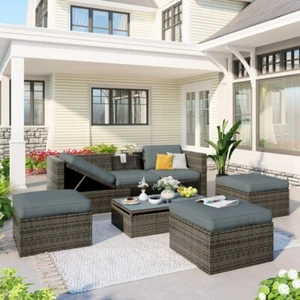 Patio Furniture Sets, 5-Piece Patio Wicker Sofa with Ottomans and Coffee Table - Picture 1 of 15
