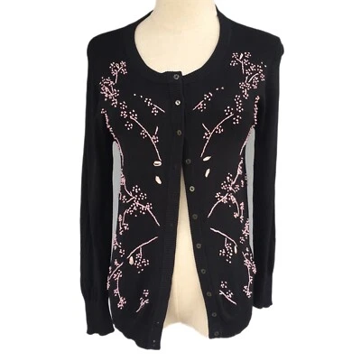 Cárdigan suéter Vertigo Paris para mujer talla M negro rosa bordado mezcla de seda. Foto 1 de 4