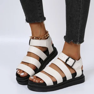 Beach Flat Roman Sandals Shoes Women Metal Buckle Casual Summer Open Toe Shoes - Picture 1 of 14