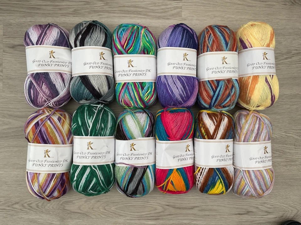 KNITCO Good Old Fashioned Funky Prints knitting, crochet DK yarn. 100g balls.