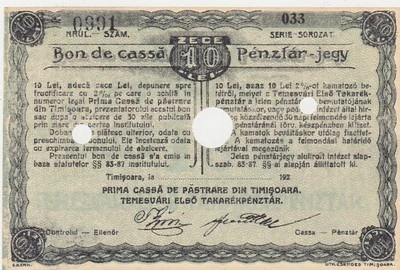 ROMANIA Bon de casa Prima casa de pastrare din Timisoara 10 lei 1920 aUNC - Image 1 of 2