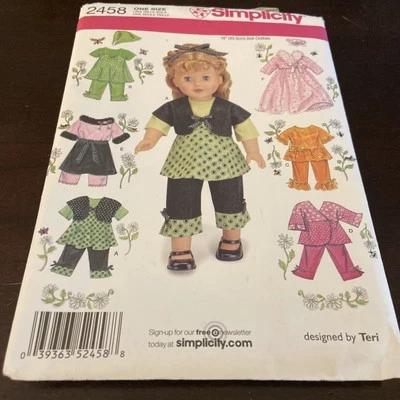 Simplicity 2458 Sewing Pattern Clothes For 18" Dolls Pants Shirt Dress - Image 1 of 3