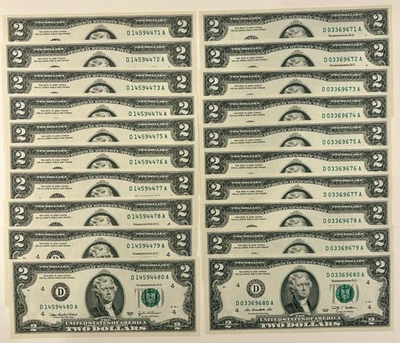 20 Sequential $2 Bills: 10 each 2003 & 2009 w/Matching Serials Ending 71-80 🔥 - Image 1 of 3