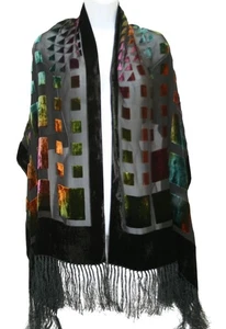 Womens Silk Burnout Velvet Fringe Scarf Wrap 22x66 Black Multi Whimsigoth Witchy - Picture 1 of 5