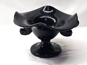 Vintage FENTON Onyx Black Glass Double Handle Dolphin Koi Footed Compote Vase - Picture 1 of 6