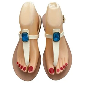 Sandalias Griegas Antiguas Talla 8 EUR 38 Cuero Azul Crema Acento Joya Boho Festival - Imagen 1 de 14