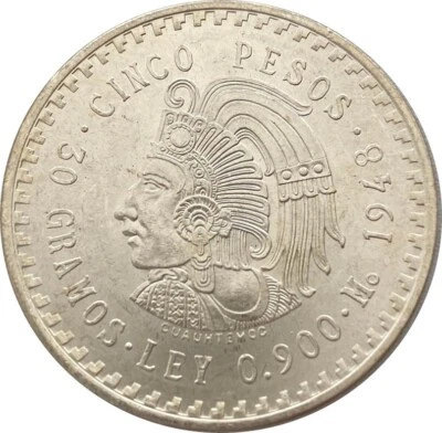 Mexico 1948 5 Peso - AU - .900 Silver - Image 1 of 4