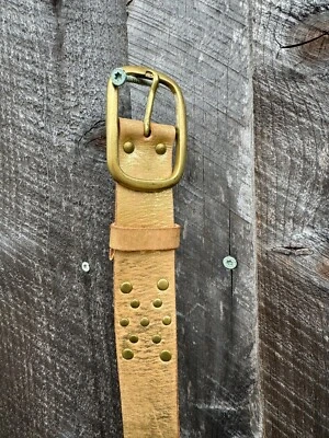 Vtg Belt Womens XL Leather Studded Metallic Silver Studs Solid Brass Buckle - Image 1 of 4