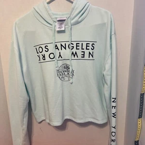 Mighty Fine New York Los Angeles Midriff Hoodie Large Long Sleeves Ribbed Cuff - Picture 1 of 7