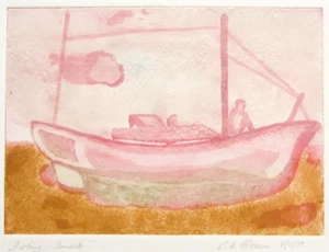 Impresión abstracta vintage en bloque pintura original firmada barco de pesca arte años 70 - Imagen 1 de 5