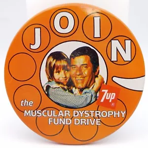Vintage 7up Muscular Dystrophy Fund Drive Pinback Button Charity Soda Pop Promo - Picture 1 of 4
