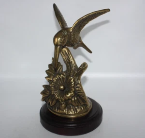 Vintage Brass Hummingbird Figurine on Wooden Base Hibiscus Flower 6.25" tall - Picture 1 of 10