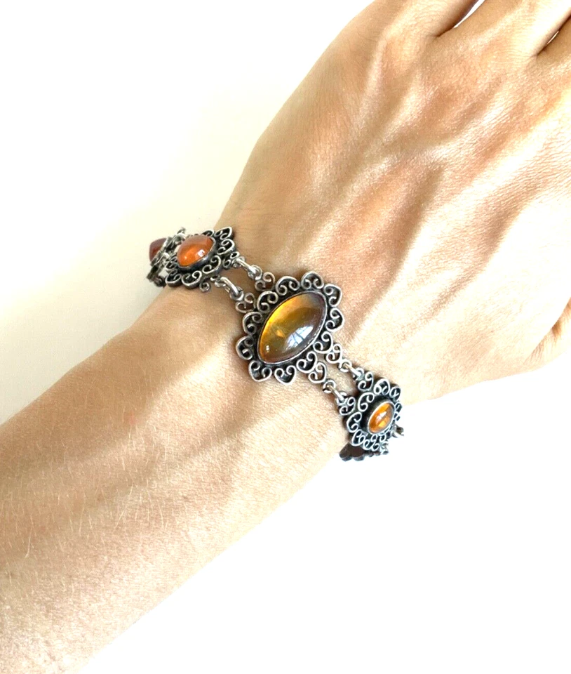 Pulsera de eslabones florales resina ámbar filigrana plata de ley 925 vintage Foto 1 de 4