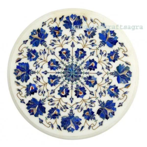 15" White Marble Side Table Top semi precious stones lapis inlay Handmade Decor - Picture 1 of 2