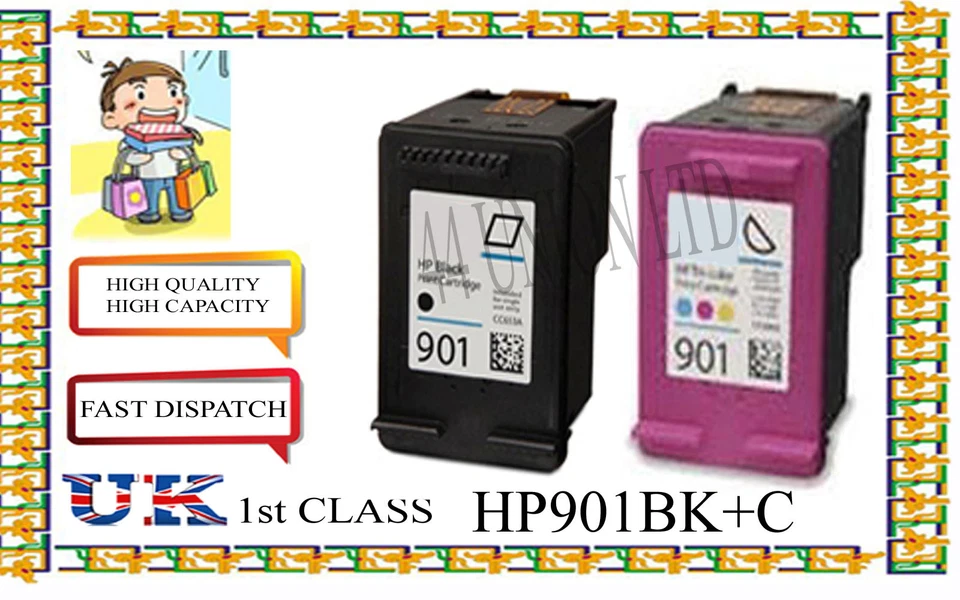 Wiederaufbereitete 901SCHWARZ & FARBE hohe Kapazität & Qualität Patronen für HP Drucker - Bild 1 von 1