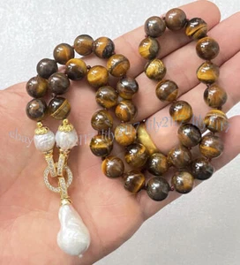 Natural Yellow Tiger's Eye Gems Beads White Keshi Baroque Pearl Pendant Necklace - Picture 1 of 12