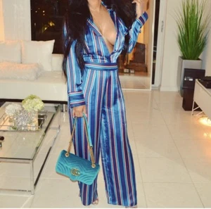 New Women Turn-Down Collar Deep V Neck Striped Satin Loose Jumpsuit Rompers #J - Picture 1 of 4