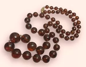 Vintage 14K Gold Clasp Hand Knotted Graduated Large Amber Bead Necklace 27” Long - Picture 1 of 9