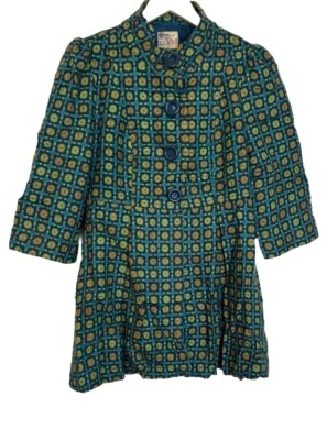 Тюль синий зеленый квадратный принт ретро 70-х короткий рукав плиссированные пальто маленький - Изображение 1 из 4