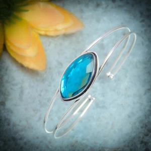 Splendid London Blue Topaz Gemstone 925 Sterling Silver Handmade Bracelet Cuff - Picture 1 of 5