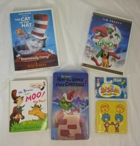 Dr. Suess set. Cat in the Hat and Grinch dvd. Grinch VHS, Mr brown can moo book - Picture 1 of 4