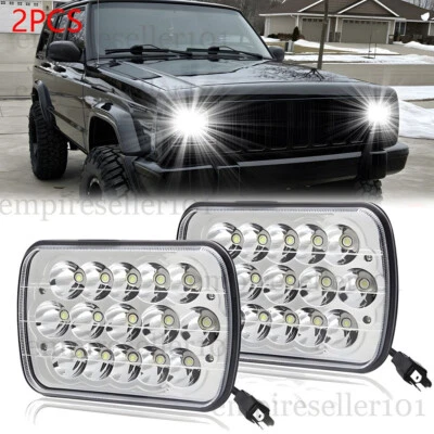 Pair 7x6" 5x7" Rectangle LED Hi-Lo Beam Headlights for Jeep Cherokee XJ YJ Truck - Image 1 of 4