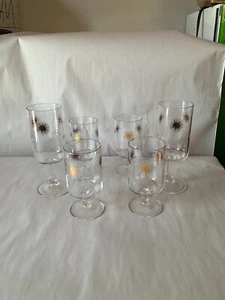 VTG MCM (6) WINE WATER GOBLET GLASSES GOLD STARBURST PEDESTAL ATOMIC - Picture 1 of 5