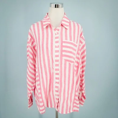 Blusa Top Vineyard Vines Talla 14 Rosa Rayas Fin de Semana Botón Manga Larga Lino Foto 1 de 4