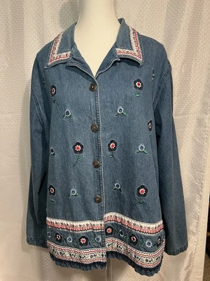 复古女式牛仔夹克 XL 刺绣传统波西米亚农民五颜六色酷 — 第 1/4 张图片