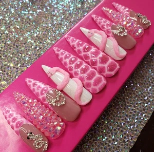 Handmade 2XL Stiletto Hard Gel Press On Nails Size Large - Picture 1 of 6
