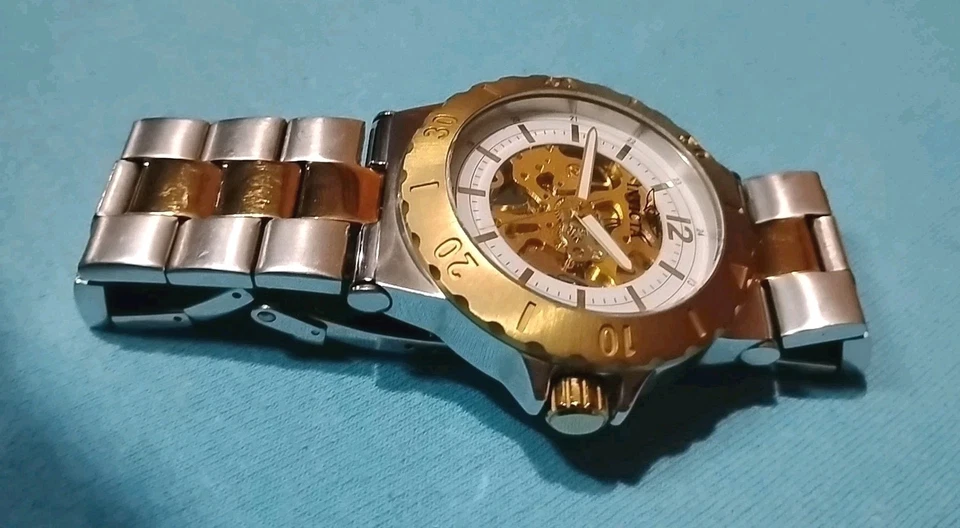 Invicta relógio esqueleto mecânico masculino dois tons prata ouro 45mm modelo nº 17242 - Imagem 1 de 4
