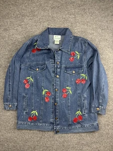 Quacker Factory Jacket Womens Large Blue Denim Sequin Cherry Embroidered Jean - Picture 1 of 7