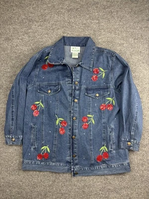 Quacker Factory Jacket Womens Large Blue Denim Sequin Cherry Embroidered Jean - Image 1 of 4