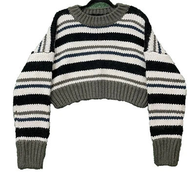 Suéter corto Elan para mujer tejido elástico talla grande a rayas negro blanco Foto 1 de 4