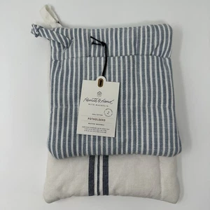 2 Stück Karo & Zecken Streifen Topflappen Set Blau/Sauer Creme Herz & Hand mit Magnolie - Bild 1 von 12