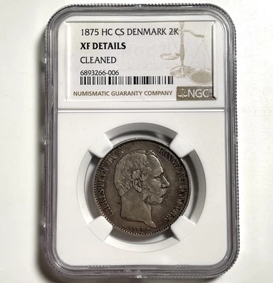 Moeda de prata 1875 HC CS Dinamarca prata 2 coroas NGC XF detalhes KM#798 mundo rara - Imagem 1 de 4