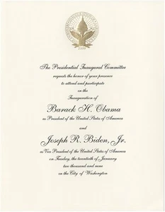 Invitación oficial de inauguración 2009 Barack Obama Joseph Biden - Imagen 1 de 2