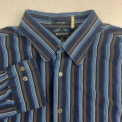 Camisa masculina Brandini com botões XL listra multicolorida manga longa algodão - Imagem 1 de 4