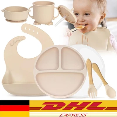 Silikon Baby Geschirrset Kindergeschirr 7x Kinder Teller mit Saugnapf Lätzchen - Bild 1 von 4