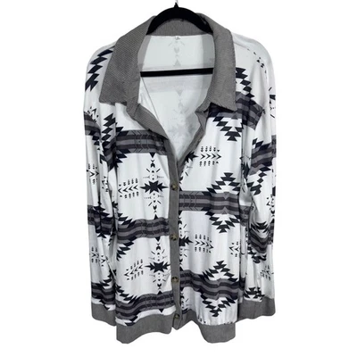 Cárdigan Chaqueta Estampado Azteca Con Botones Gris Blanco Suroeste Western Shacket 4XL Foto 1 de 4