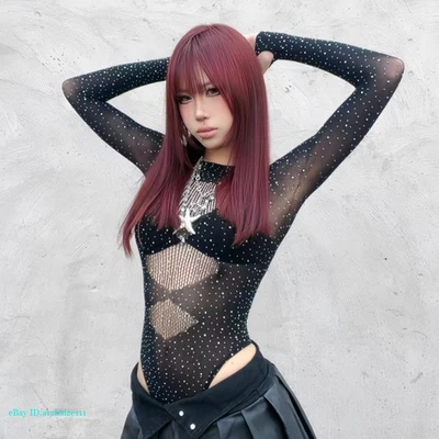 Medias corporales para mujer red de pesca top sexy de diamantes ropa interior de manga larga Foto 1 de 4