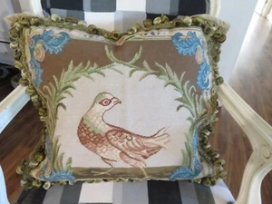 Stunning French Wreath, Pheasant  & Scrolls Vintage w/ Fringe Needlepoint Pillow - Picture 1 of 10