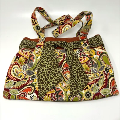 Bolsa tote de tecido feita à mão laranja verde paisley bolinhas alças de ombro - Imagem 1 de 4