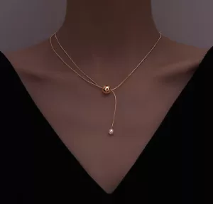 Woman 18k Gold Plated Stainless Steel Pearl Slide Bead Glossy Chain Necklace - Picture 1 of 4
