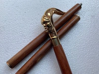 Bastón de madera estilo vintage de diseño de latón con mango de cabeza facial para hombres regalo Foto 1 de 4