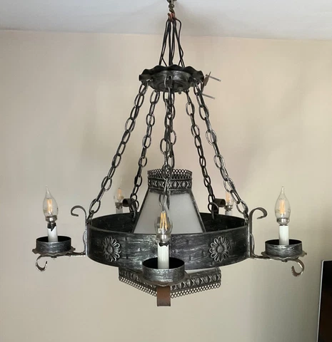 Vintage Gothic Medieval Chandelier  Light Fixture Iron & Glass “Haunted House” Cover