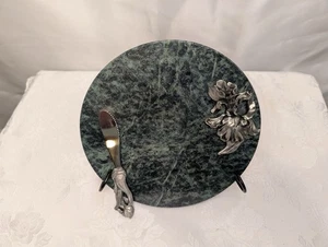 Vintage 1980's Marble Round Cheese Board w/ Pewter Flowers & Matching Knife - Picture 1 of 3